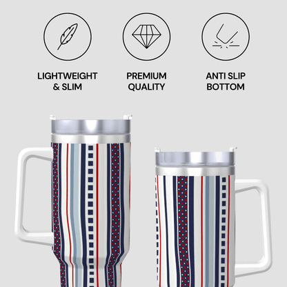 Two tumblers with striped design and text indicating features like 'Lightweight & Slim', 'Premium Quality', and 'Anti Slip Bottom' on a light gray background.