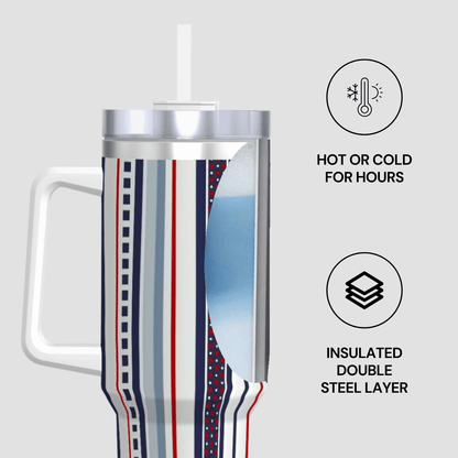 Tumbler with striped design on a light gray background