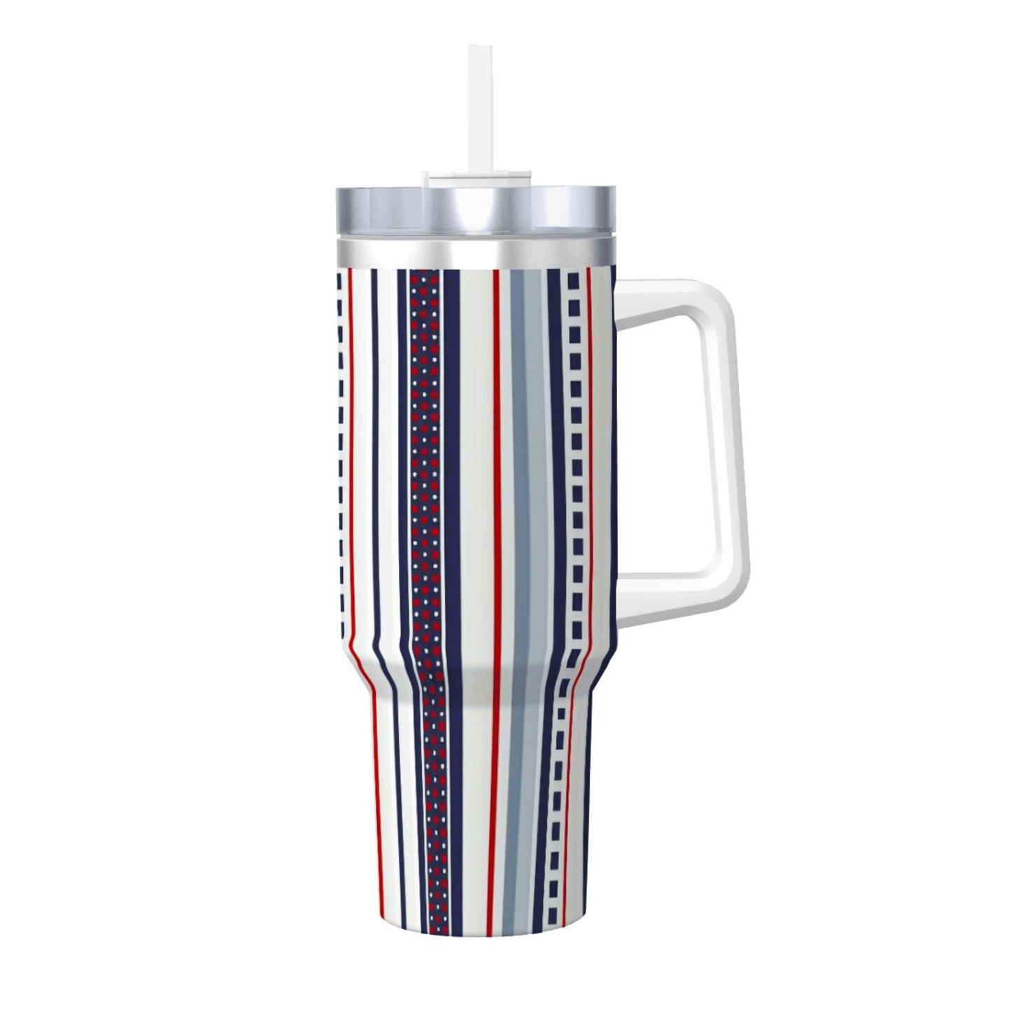 Striped mug with handle and straw on a white background
