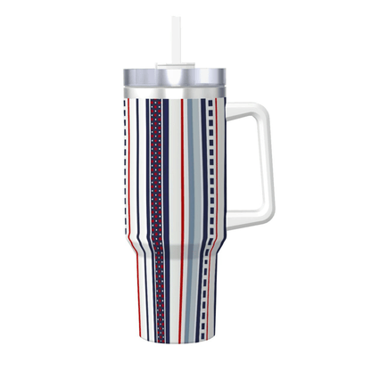 Striped mug with handle and straw on a white background