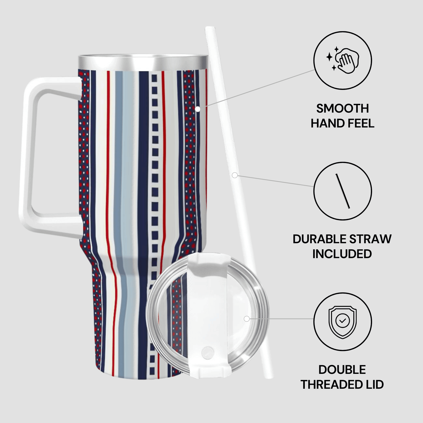 Striped tumbler with handle, straw, and double-threaded lid on a light gray background