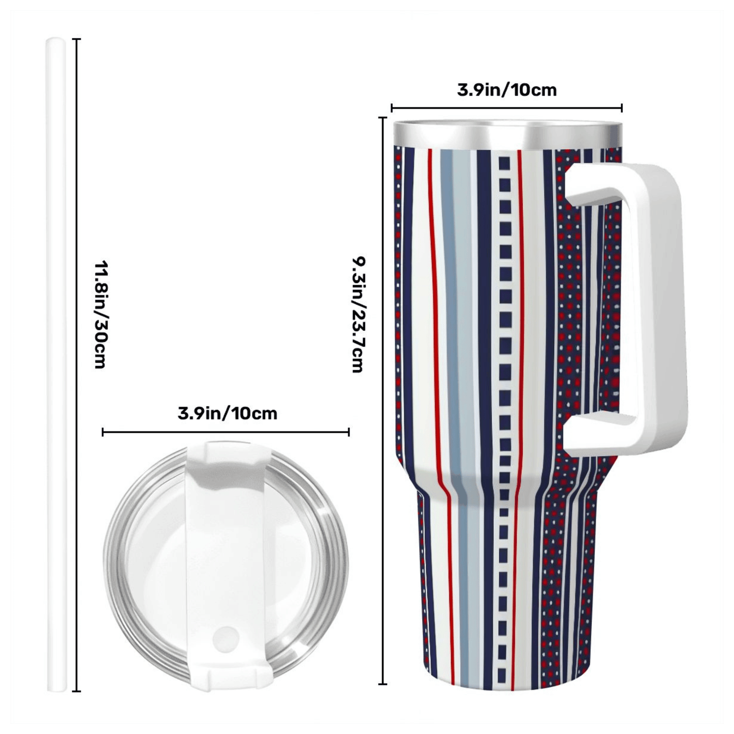Striped tumbler with handle and lid, shown with measurements on a white background