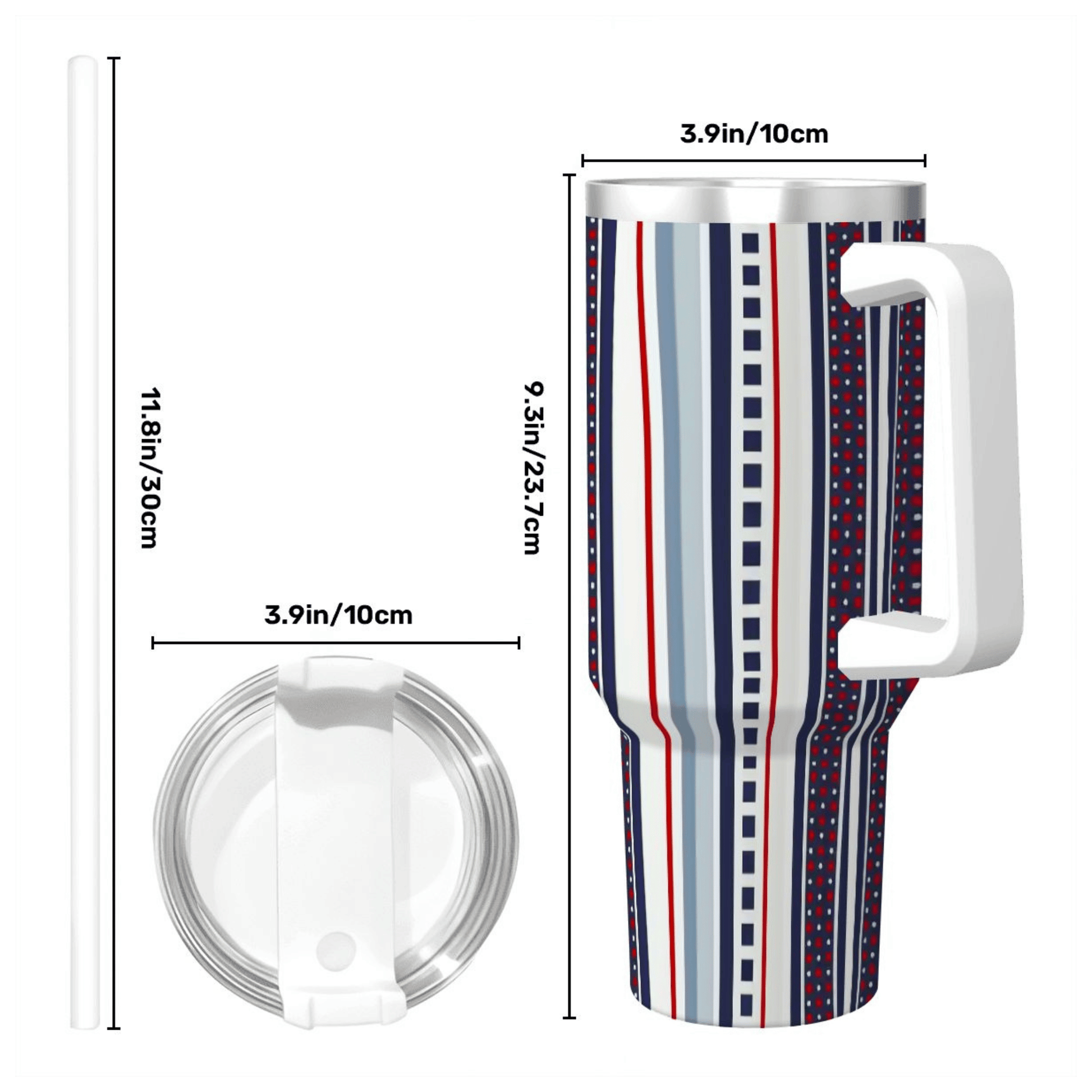 Striped tumbler with handle and lid, shown with measurements on a white background