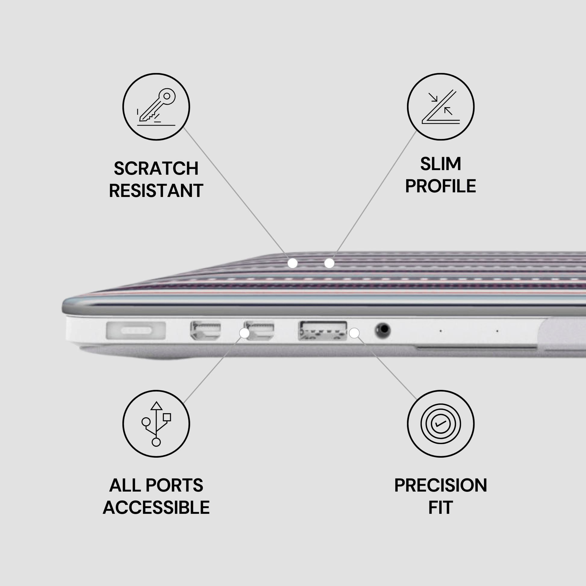 Laptop with features labeled as scratch resistant, slim profile, all ports accessible, and precision fit on a gray background.