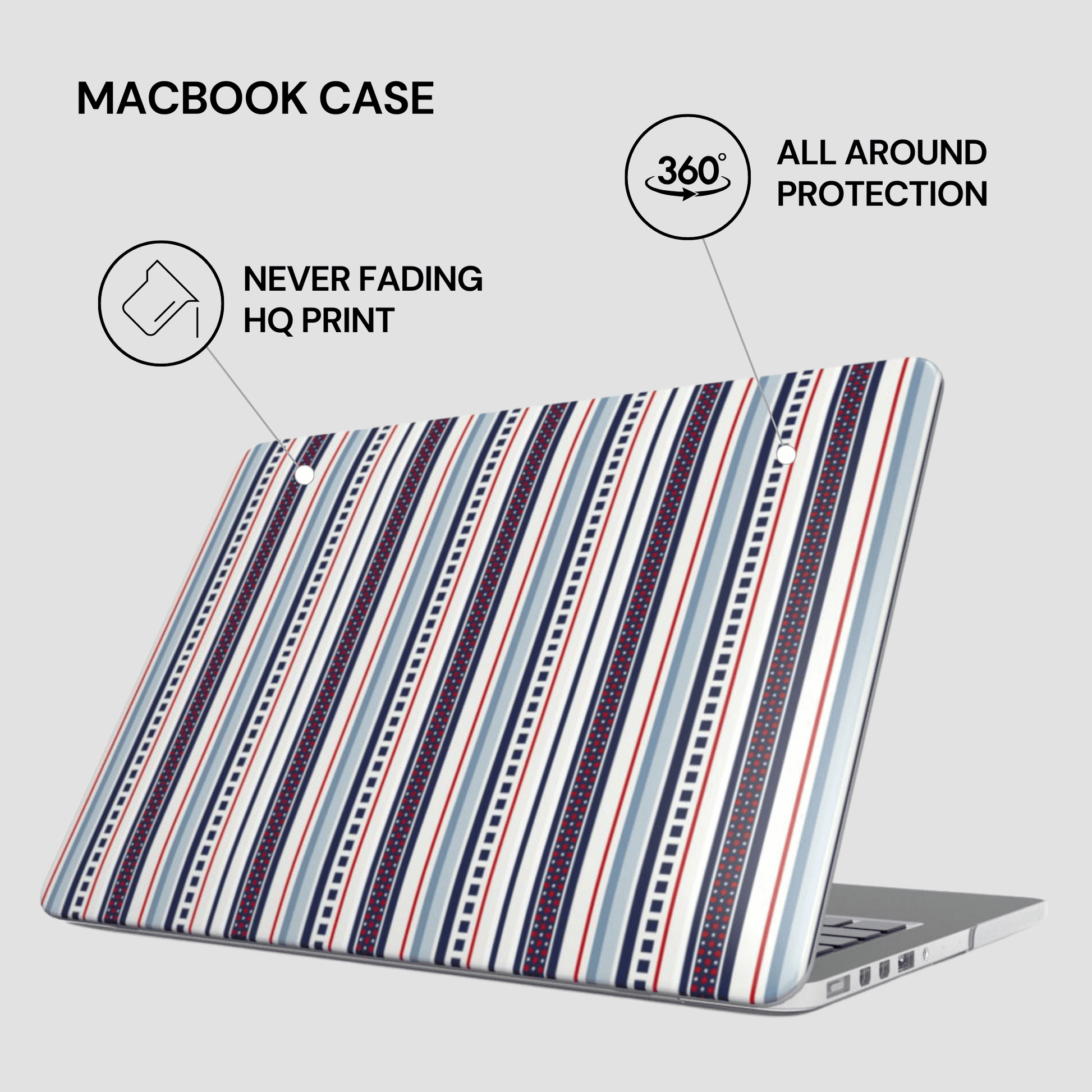 Striped laptop case with text highlighting features on a white background