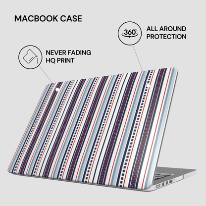 Striped laptop case with text highlighting features on a white background