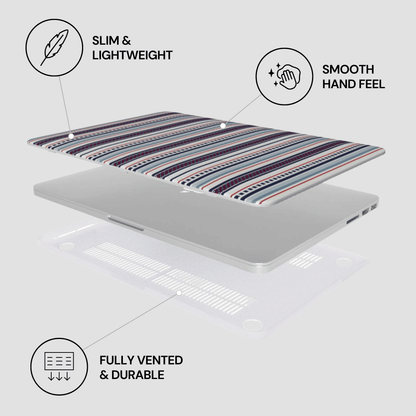 Laptop with striped cover on a light gray background, featuring text labels for slim & lightweight, smooth hand feel, fully vented, and durable.