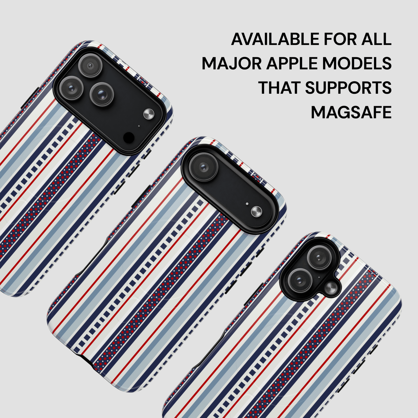 Striped phone case compatible with MagSafe on a light gray background