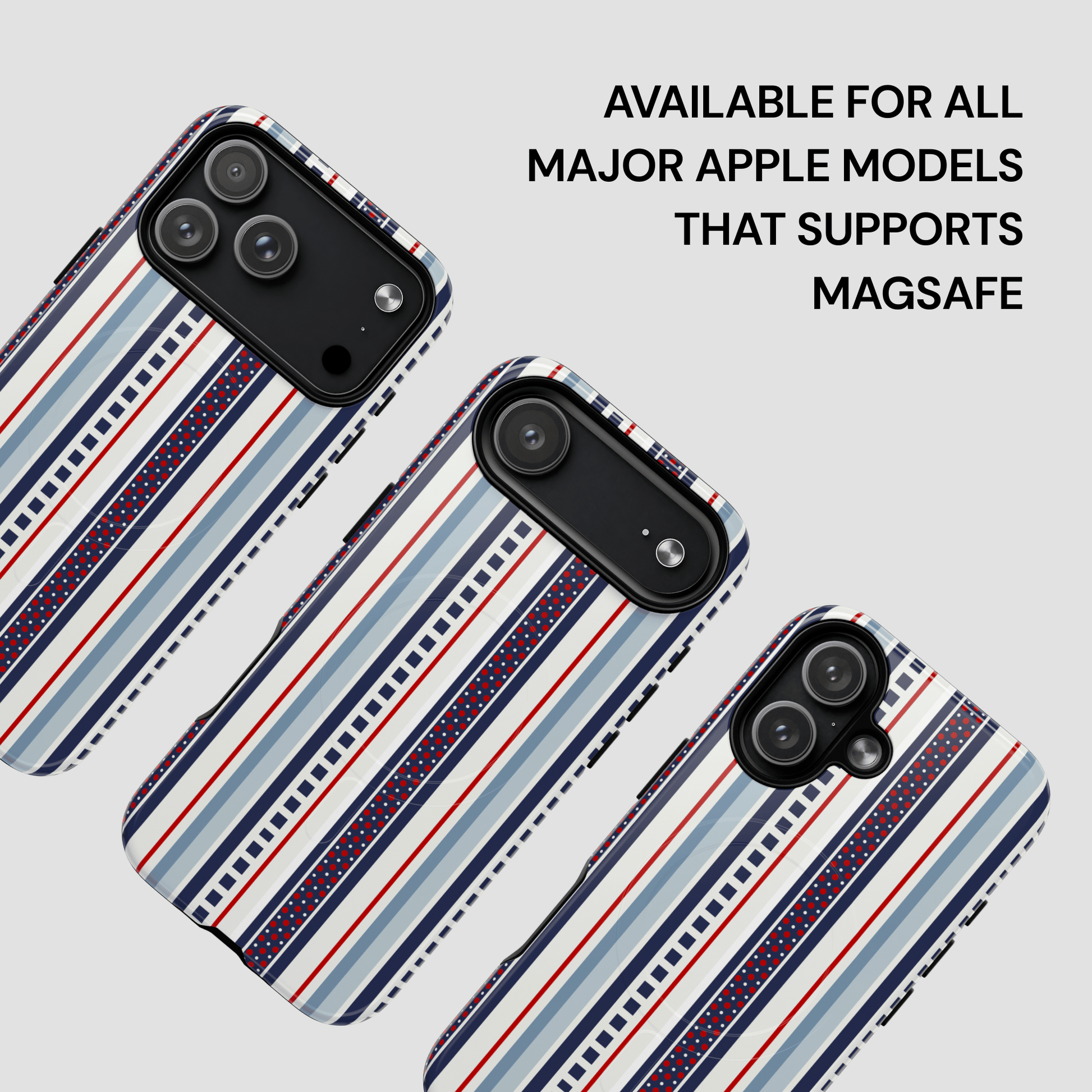 Striped phone case compatible with MagSafe on a light gray background