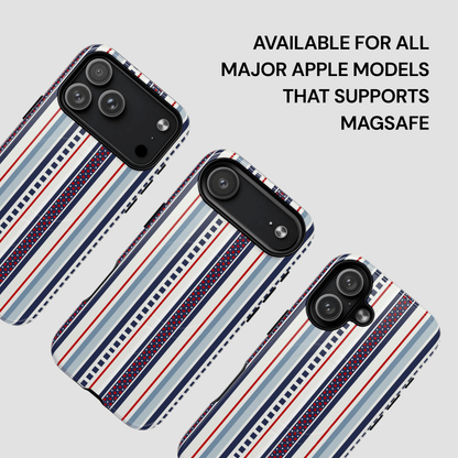 Striped phone case compatible with MagSafe on a light gray background