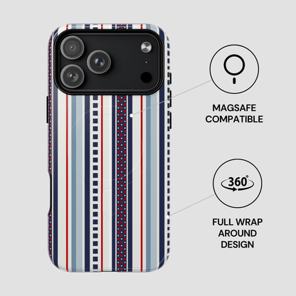 Phone case with striped design and Magsafe compatibility on a light gray background