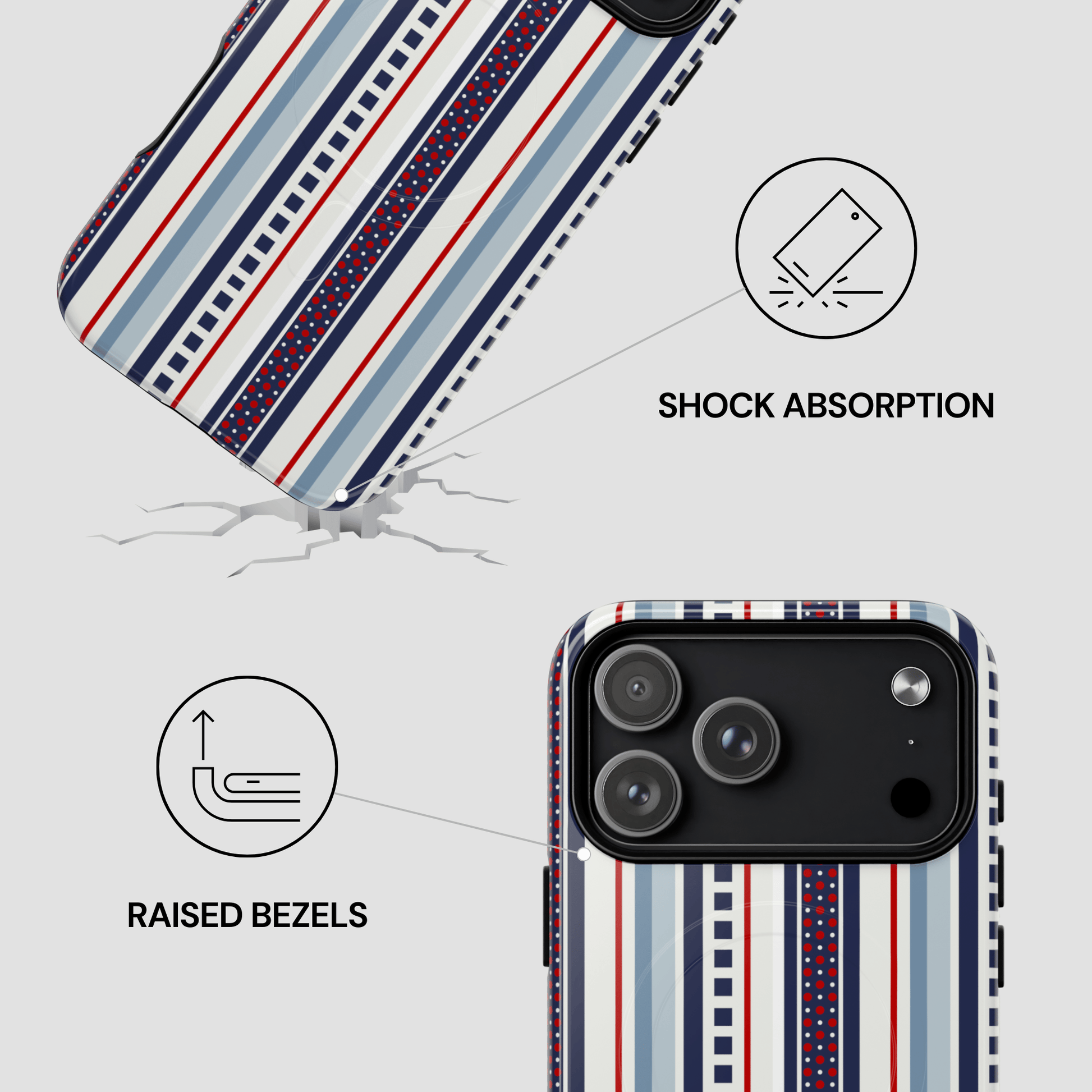 Phone case with striped pattern and text indicating shock absorption and raised bezels on a light gray background.