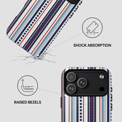 Phone case with striped pattern and text indicating shock absorption and raised bezels on a light gray background.