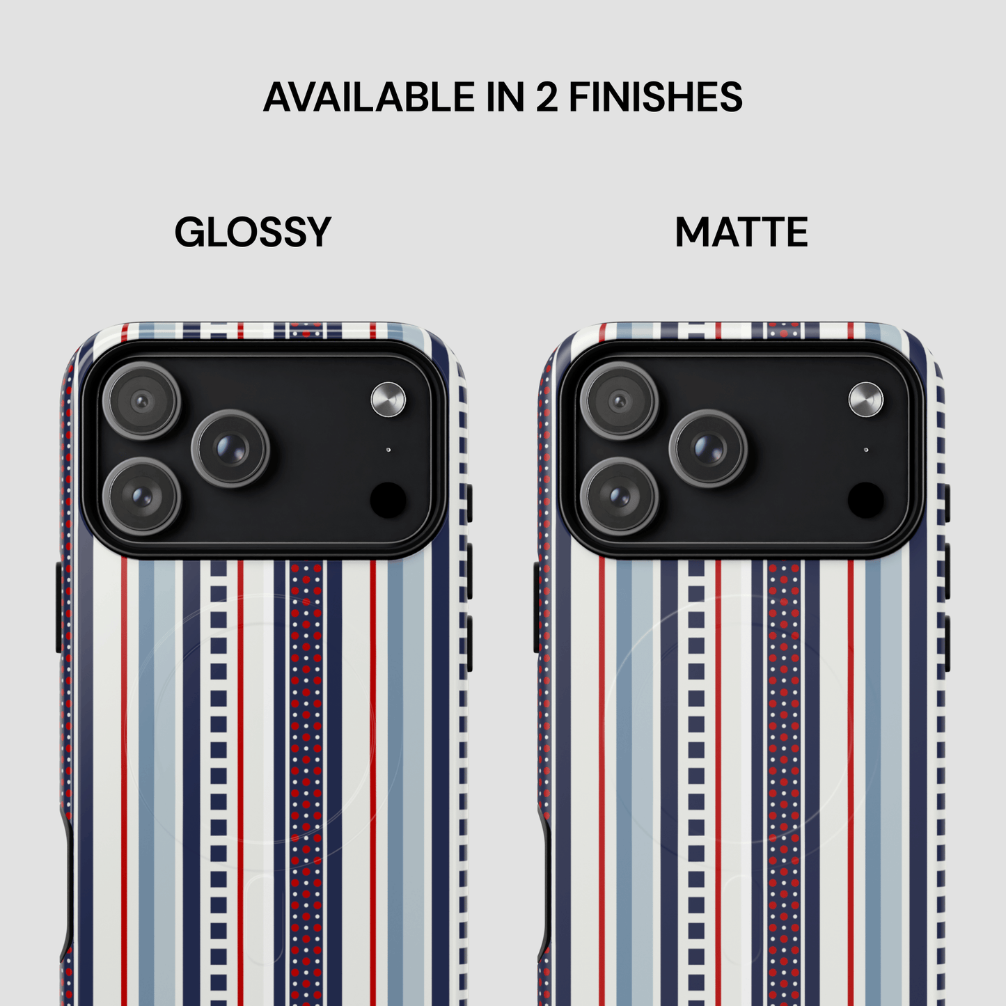 Two phone cases with striped pattern, one glossy and one matte, on a light gray background.