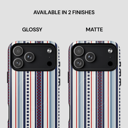 Two phone cases with striped pattern, one glossy and one matte, on a light gray background.