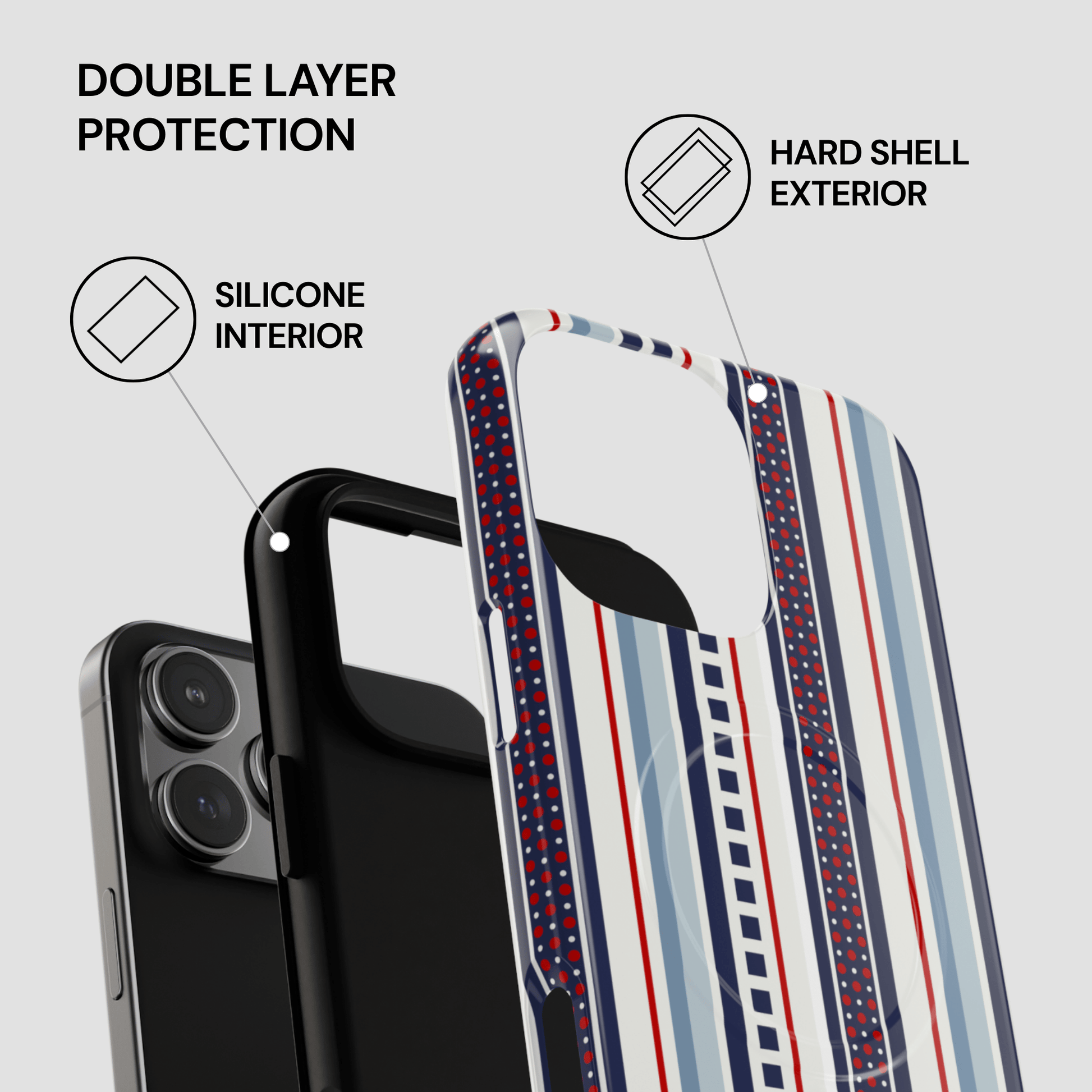 Phone case with double layer protection features on a white background