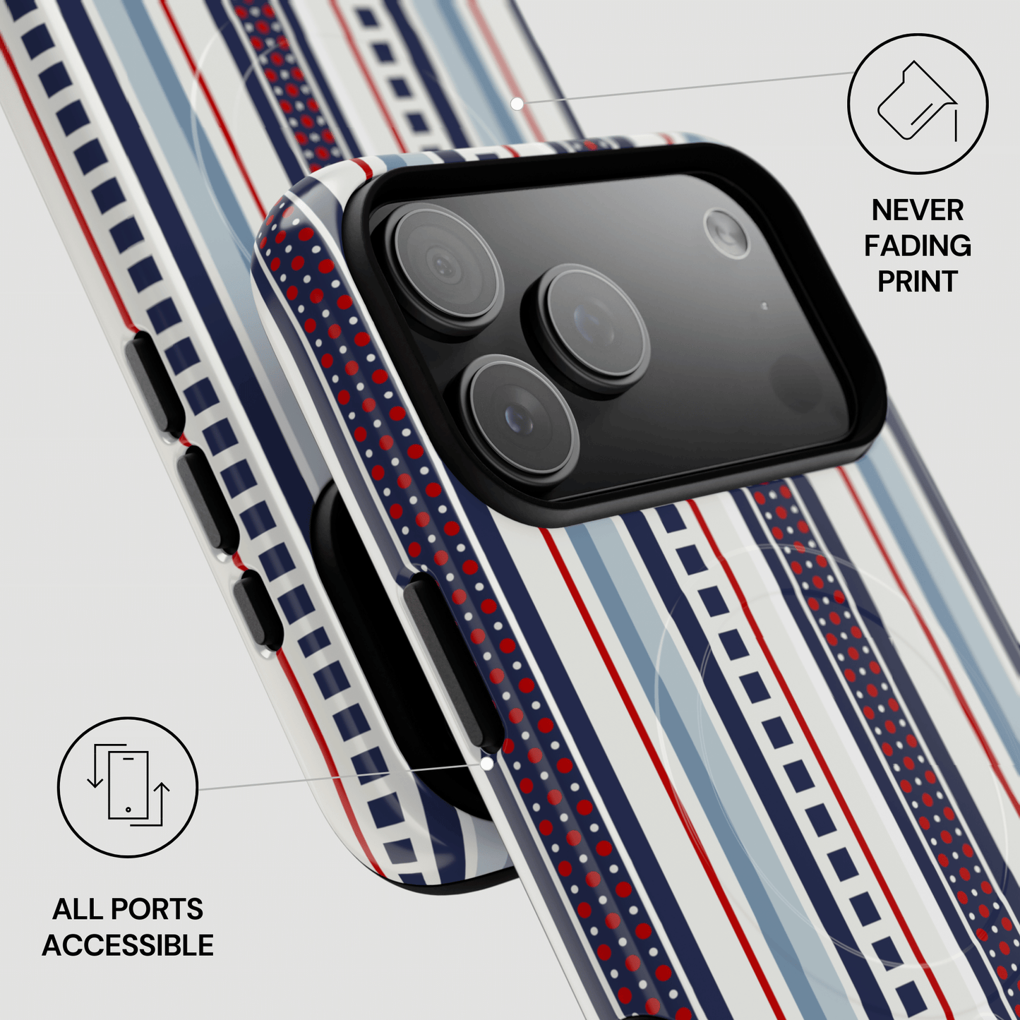 Phone case with striped pattern and text indicating 'Never Fading Print' and 'All Ports Accessible'.