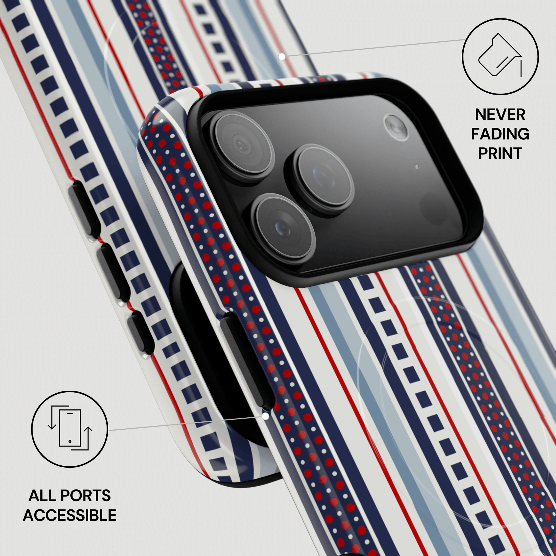 Phone case with striped pattern and text indicating 'Never Fading Print' and 'All Ports Accessible'.