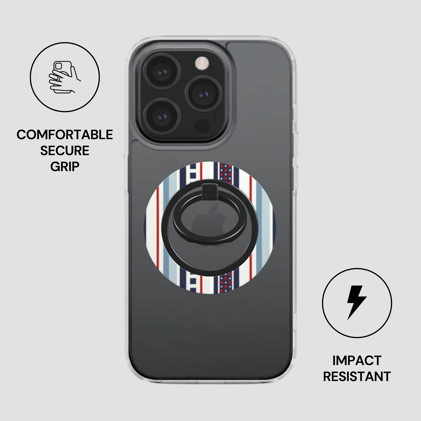 Phone case with a ring holder on a light gray background