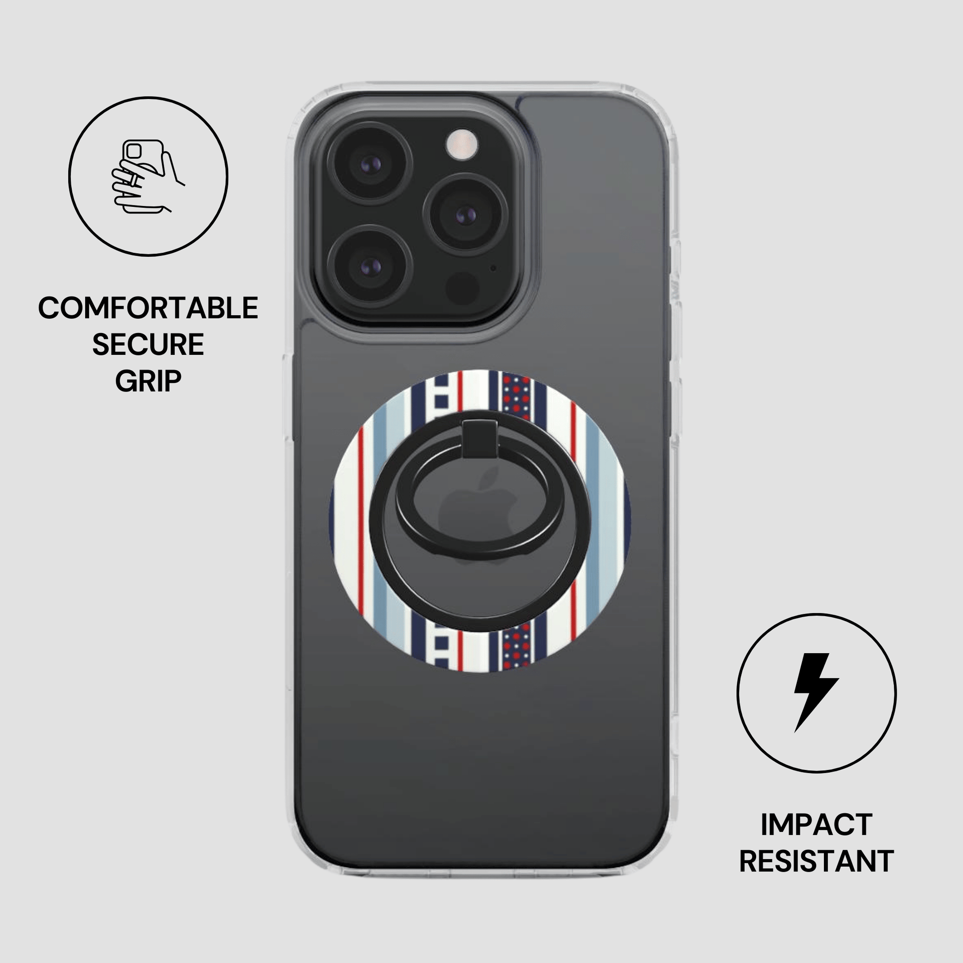 Phone case with a ring holder on a light gray background