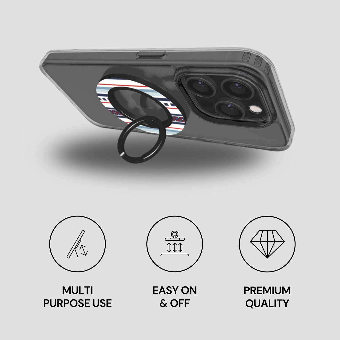 Phone case with ring holder on a light gray background