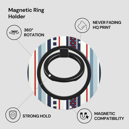 Magnetic ring holder with features listed on a white background