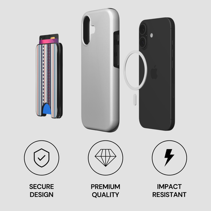Exploded view of Harbor Stripe Magnetic Wallet with phone, case, and MagSafe-style magnetic ring