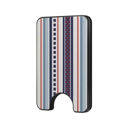 Harbor Stripe Magnetic Wallet with blue, navy, white, and red striped design on a white background
