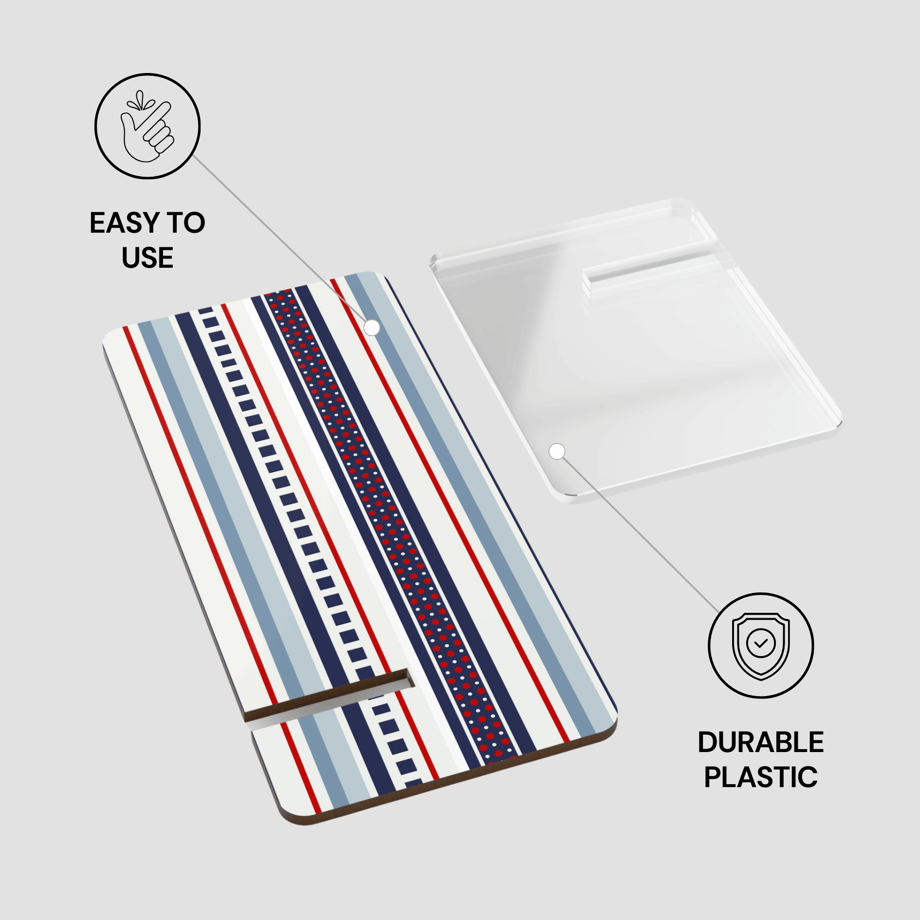 Patterned plastic sheet with text 'Easy to Use' and 'Durable Plastic' on a gray background