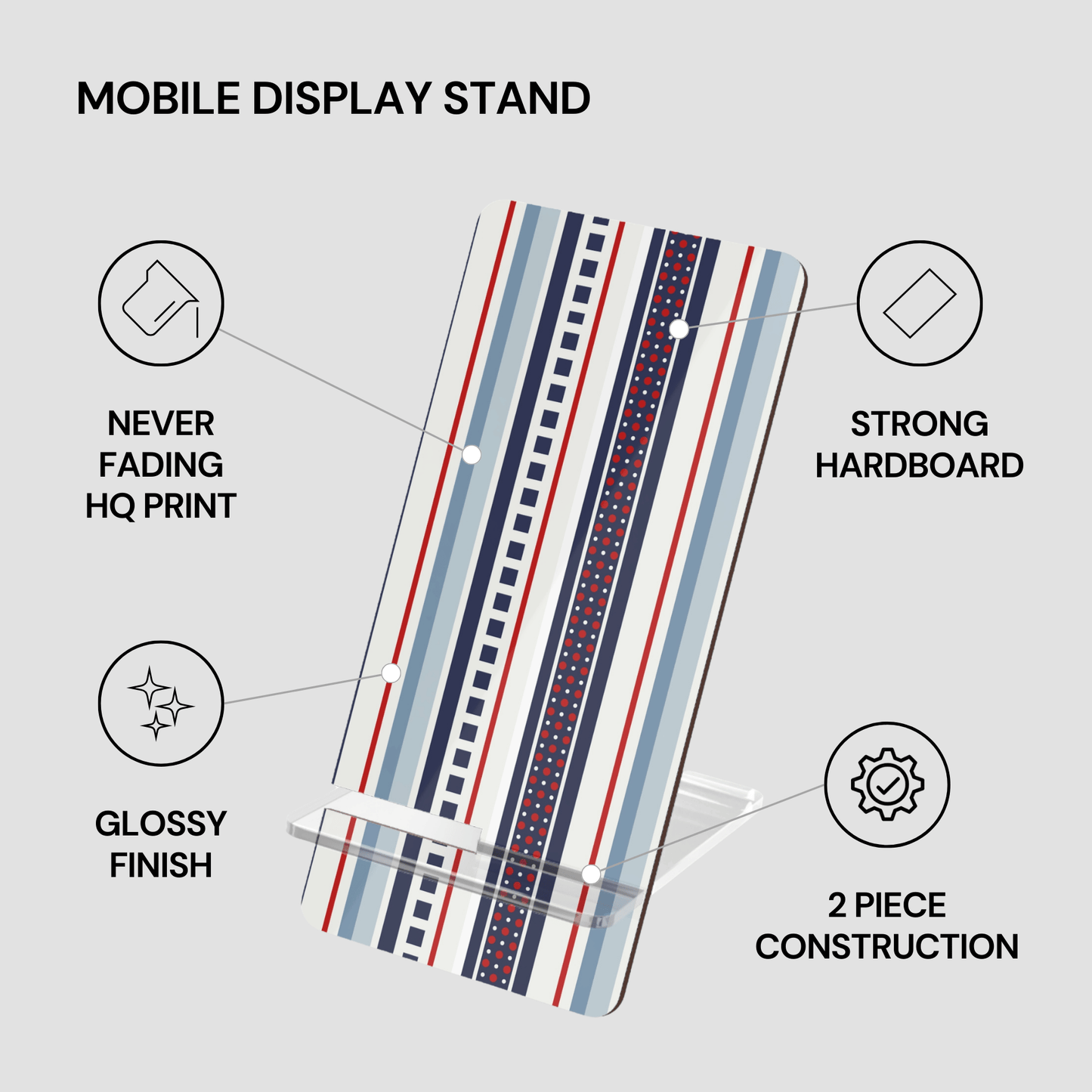 Mobile display stand with striped design on a gray background