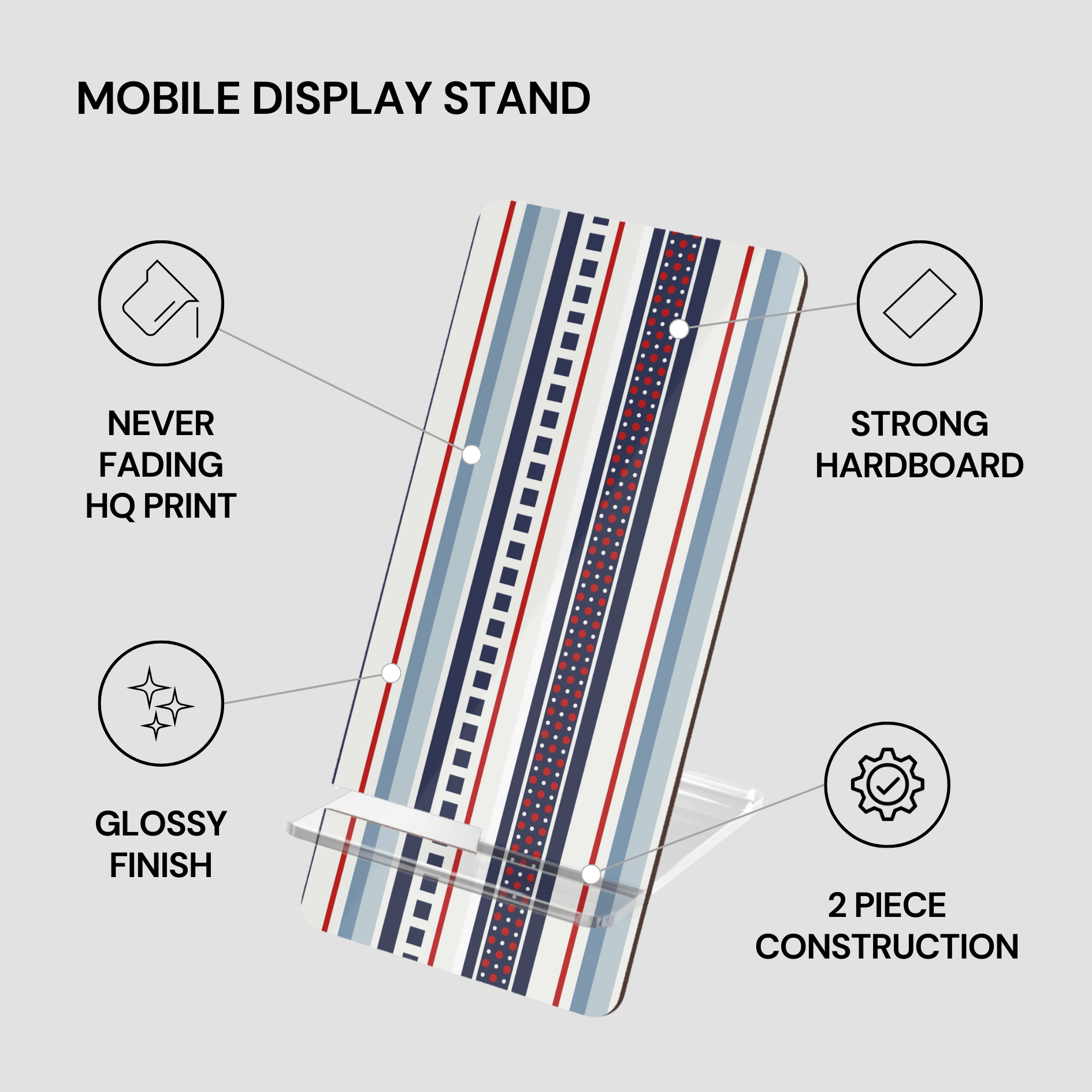Mobile display stand with striped design on a gray background