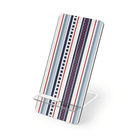 Phone stand with red, blue, and white striped design on a white background
