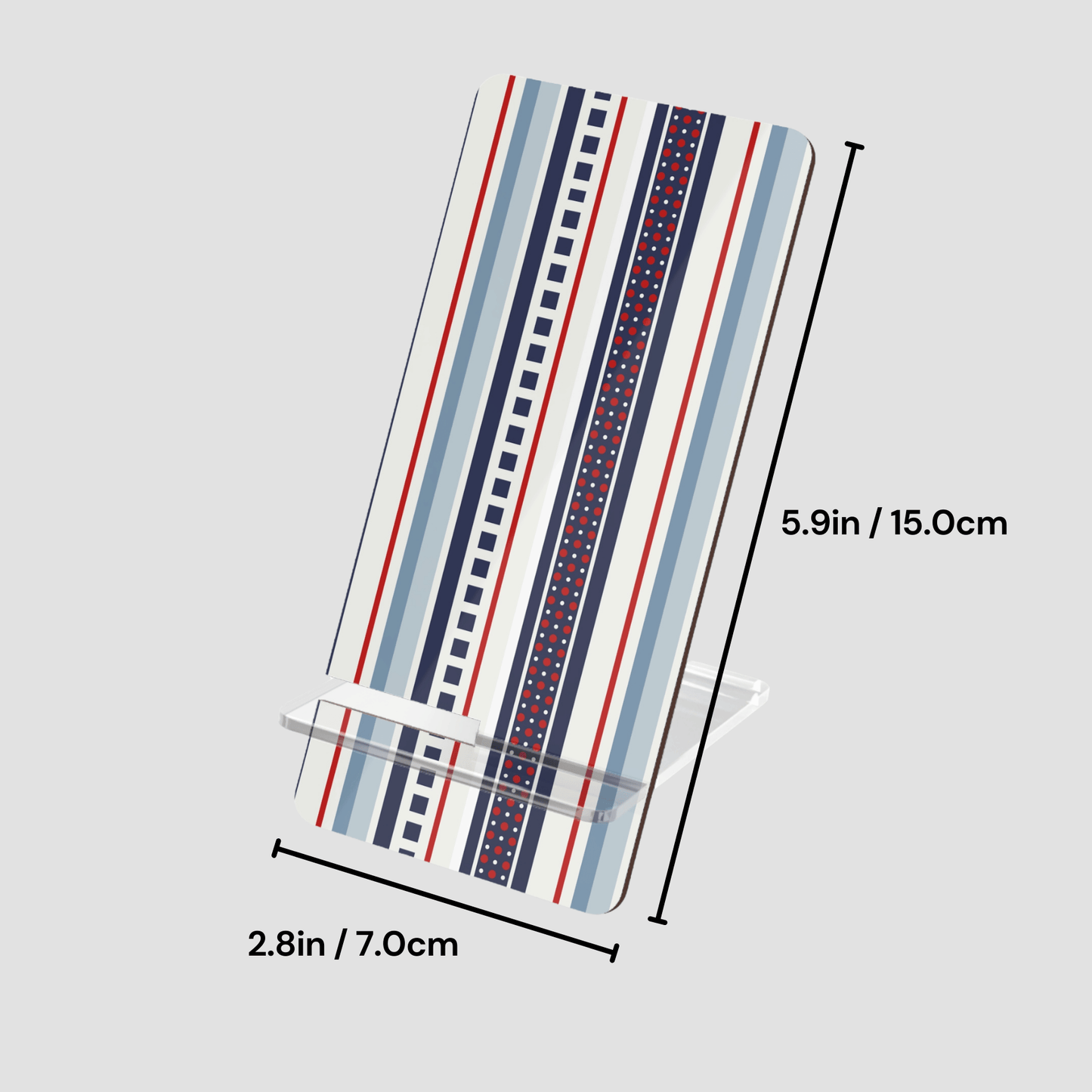 Rectangular mat with striped pattern and measurements on a light gray background