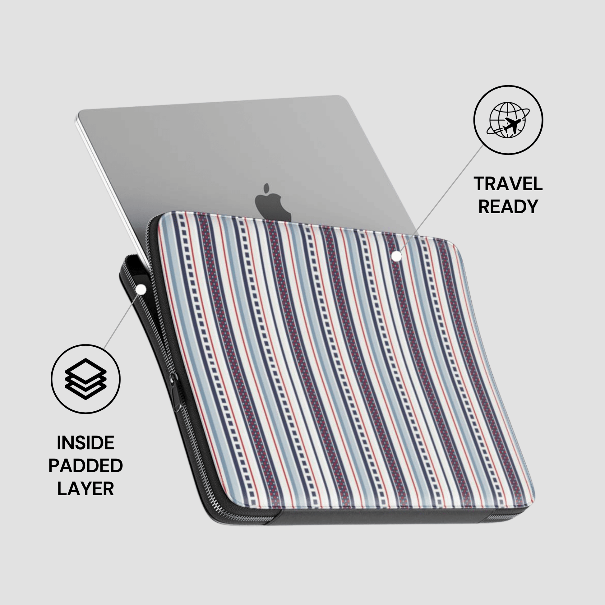 Striped laptop sleeve with Apple logo on a gray background