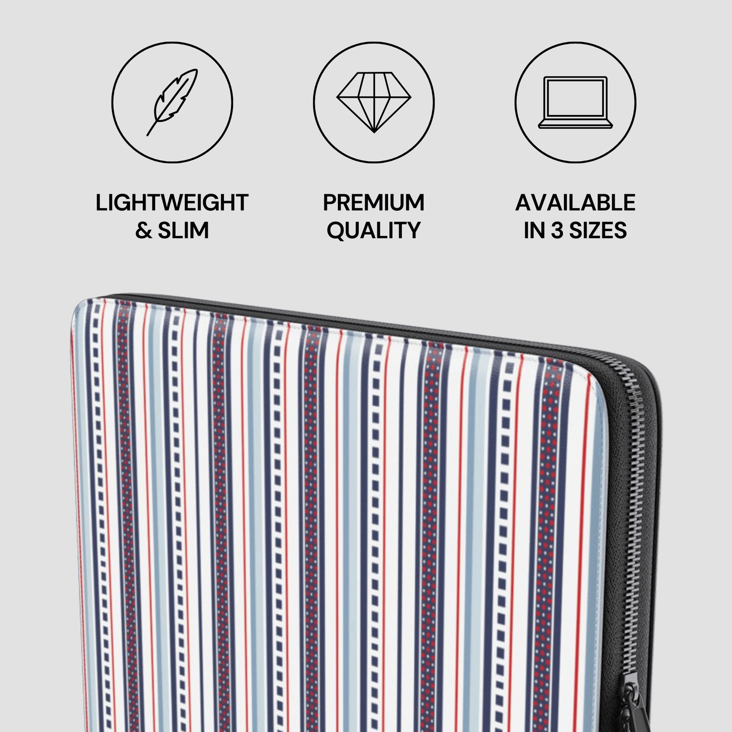 Striped laptop case with icons and text indicating features on a light gray background
