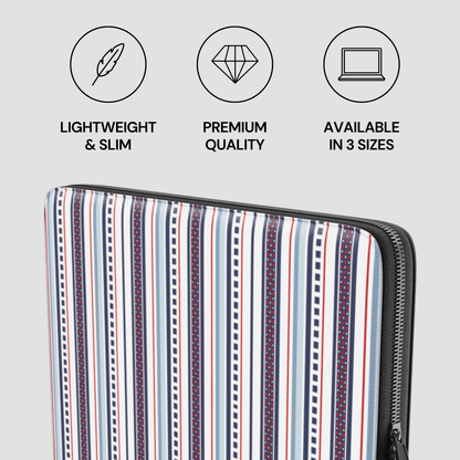 Striped laptop case with icons and text indicating features on a light gray background