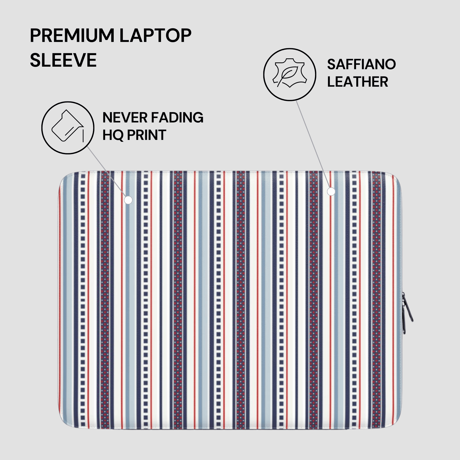 Striped laptop sleeve with text highlighting features on a light gray background
