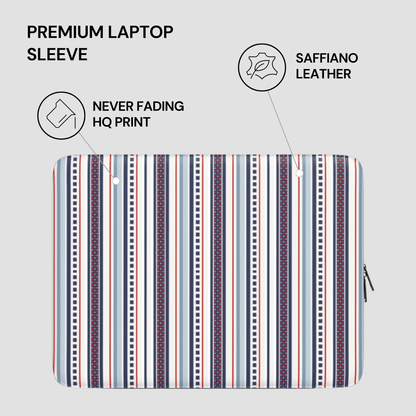 Striped laptop sleeve with text highlighting features on a light gray background