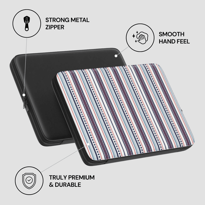 Striped laptop case with text highlighting features on a light gray background