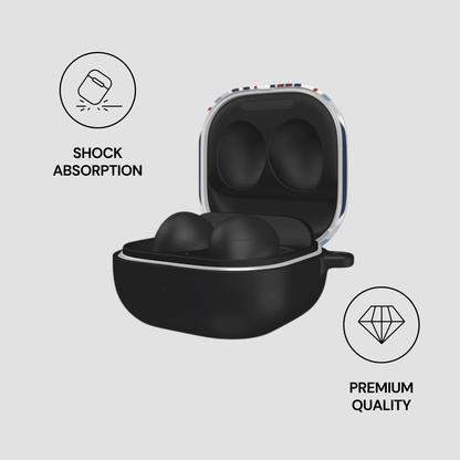 Black earbud case with open lid on a light gray background, featuring icons for shock absorption and premium quality.
