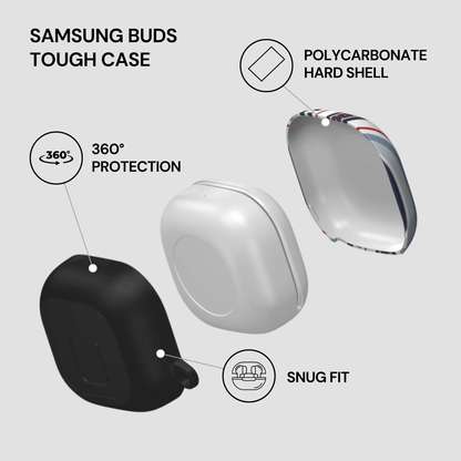 Samsung Buds Tough Case with features highlighted on a light gray background