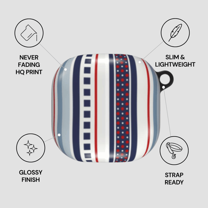 Striped pouch with features listed on a gray background