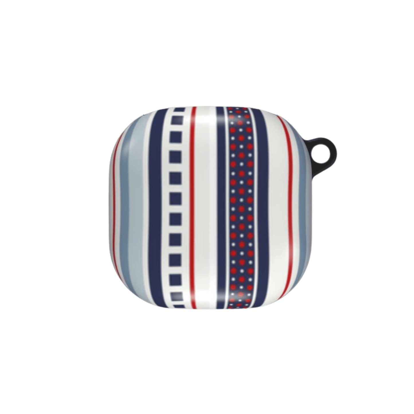 Striped pot holder with blue, red, and white pattern on a white background