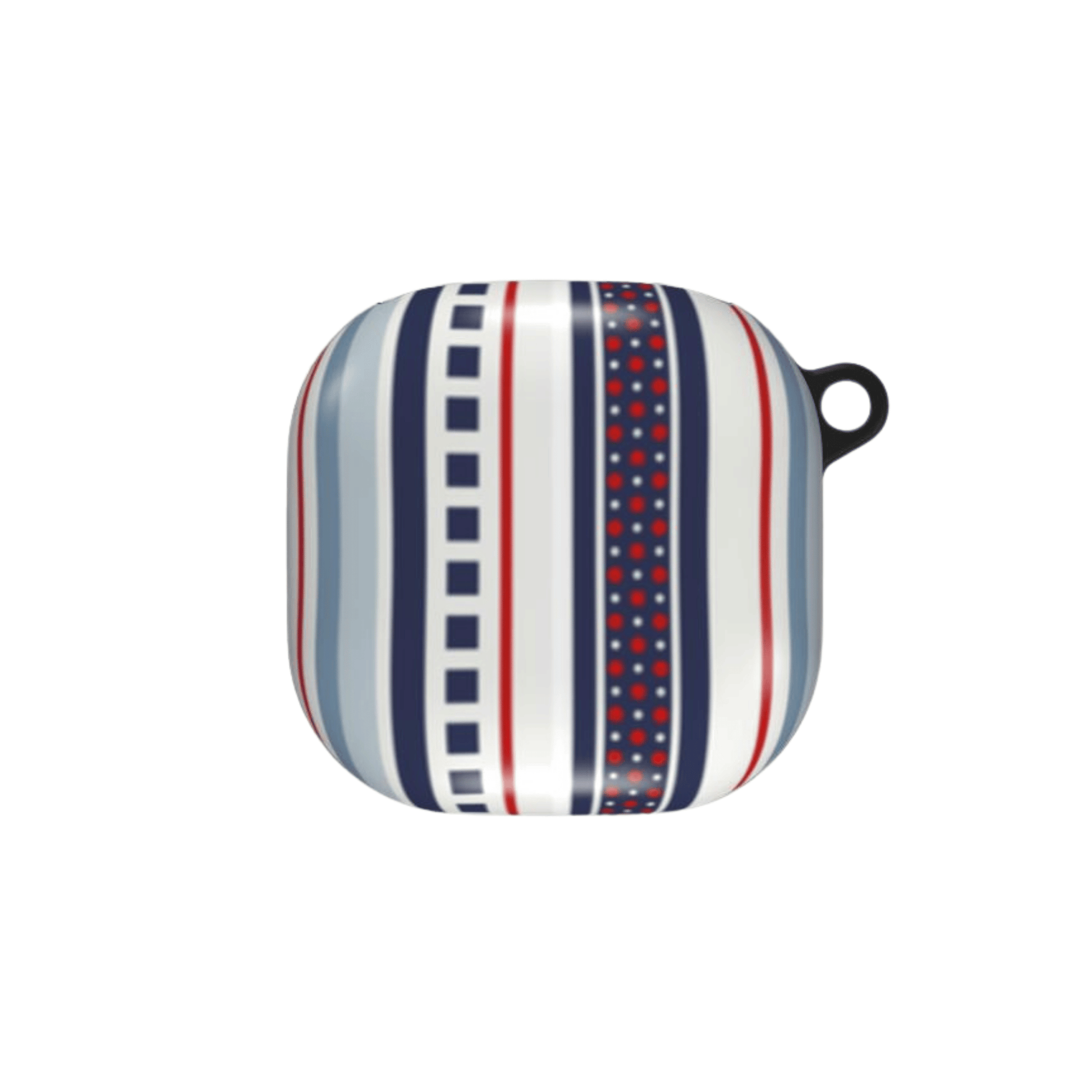 Striped pot holder with blue, red, and white pattern on a white background