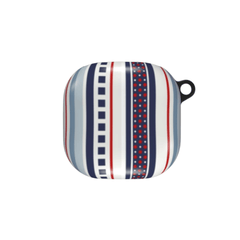 Striped pot holder with blue, red, and white pattern on a white background