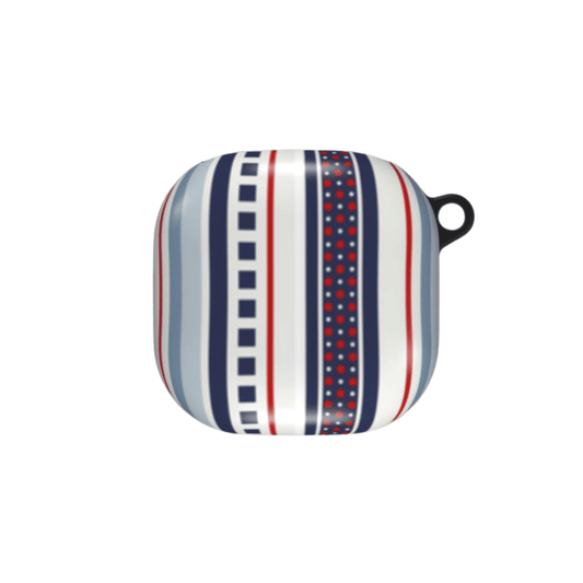 Striped pot holder with blue, red, and white pattern on a white background