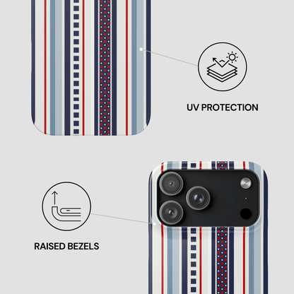 Phone case with striped design and text indicating UV protection and raised bezels.