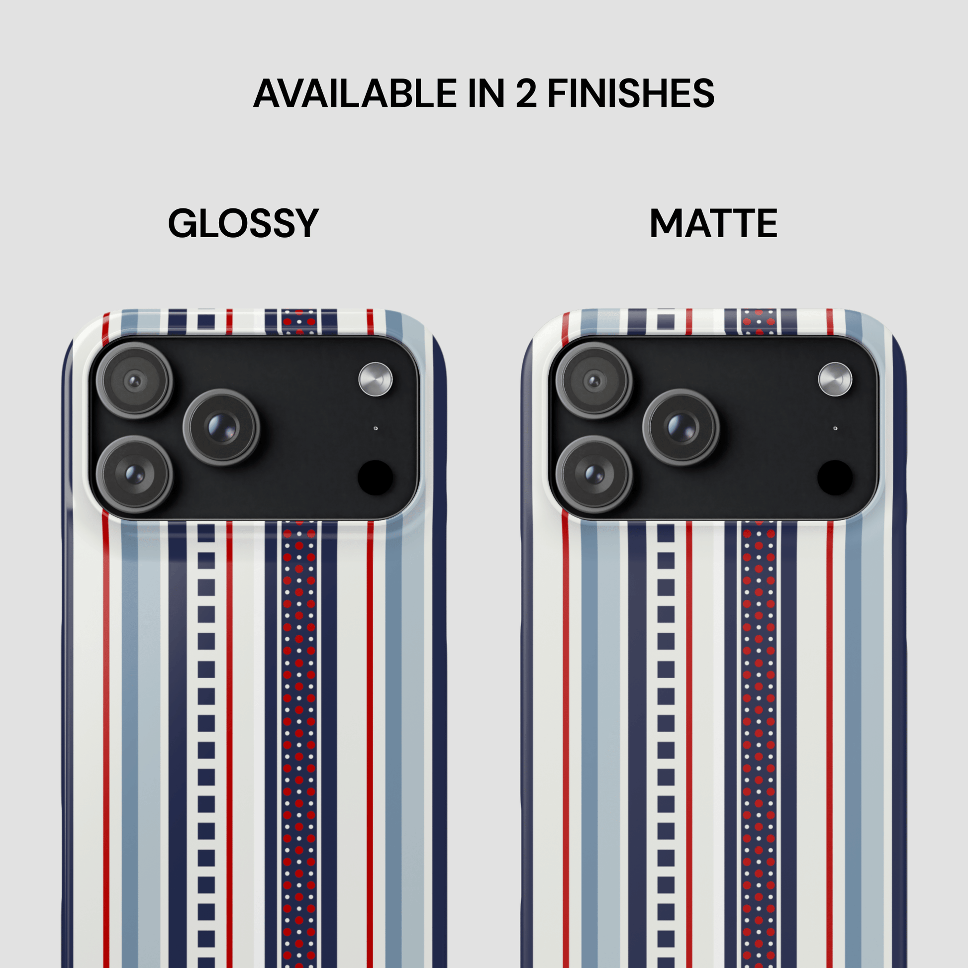 Two phone cases with striped design, one glossy and one matte, on a white background.