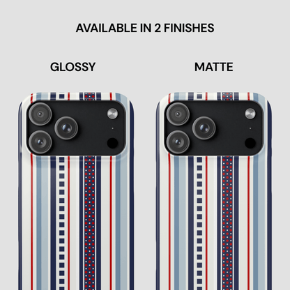 Two phone cases with striped design, one glossy and one matte, on a white background.