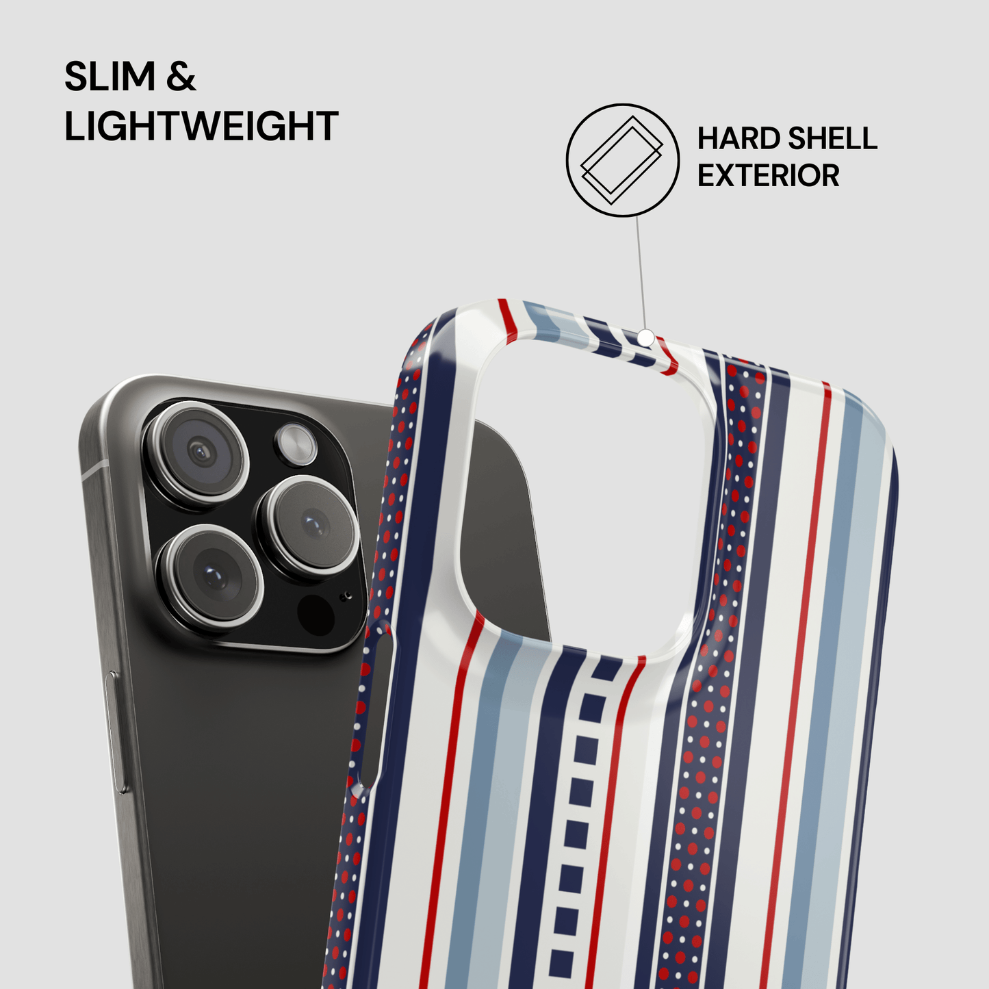 Phone case with striped design and text highlighting slim, lightweight, and hard shell exterior features.